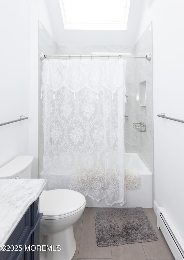 10 English Path, Freehold, NJ 07728 - full bathroom featuring a baseboard radiator, shower / bath combo, vanity, and tile patterned floors