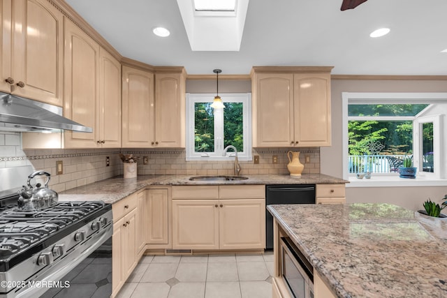 1 Algonquin Dr, Marlboro, NJ 07746 - kitchen featuring stainless steel appliances, under cabinet range hood, healthy amount of natural light, light brown cabinets, and recessed lighting
