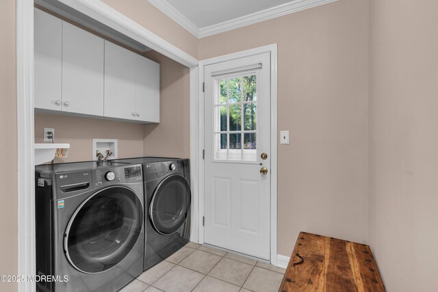 1 Algonquin Dr, Marlboro, NJ 07746 - washroom featuring cabinet space, separate washer and dryer, light tile patterned floors, and ornamental molding