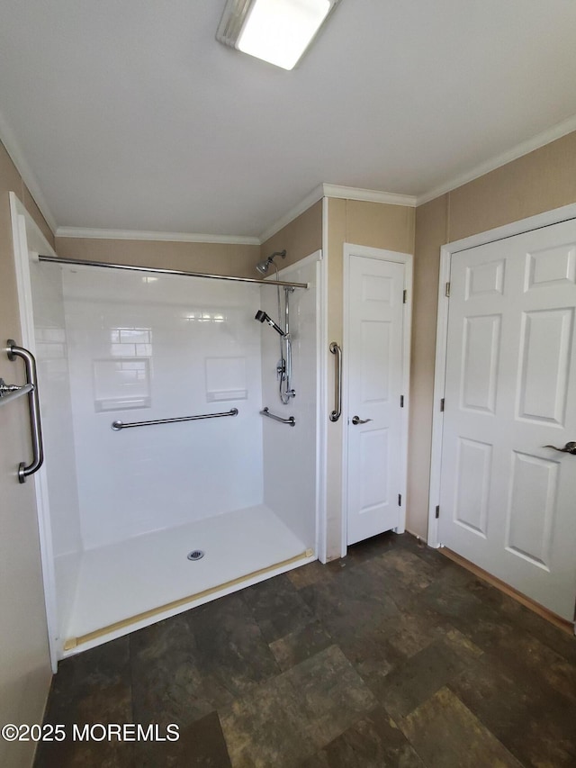 69 Robin Pl, Freehold, NJ 07728 - bathroom featuring a stall shower and ornamental molding