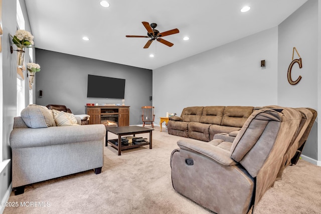 46 Timberline Rd, Bayville, NJ 08721 - living area featuring light carpet, a ceiling fan, recessed lighting, and a glass covered fireplace