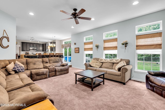 46 Timberline Rd, Bayville, NJ 08721 - living room with light colored carpet, ceiling fan, recessed lighting, and a chandelier