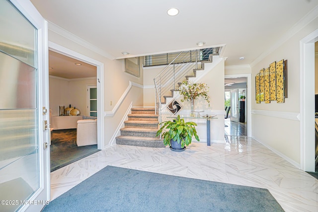 5 Leighton Dr, East Brunswick, NJ 08816 - foyer with stairs, ornamental molding, marble finish flooring, recessed lighting, and baseboards