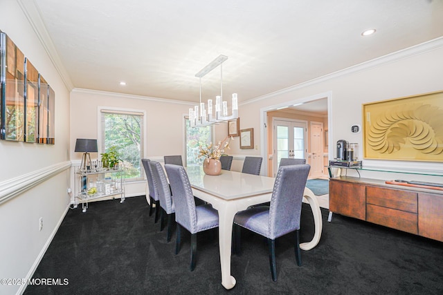 5 Leighton Dr, East Brunswick, NJ 08816 - dining space featuring dark carpet, french doors, ornamental molding, recessed lighting, and baseboards