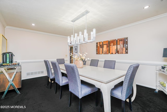 5 Leighton Dr, East Brunswick, NJ 08816 - dining space with dark colored carpet, a chandelier, ornamental molding, recessed lighting, and baseboards