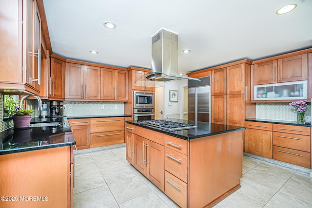 5 Leighton Dr, East Brunswick, NJ 08816 - kitchen featuring island range hood, built in appliances, a sink, light tile patterned flooring, and recessed lighting