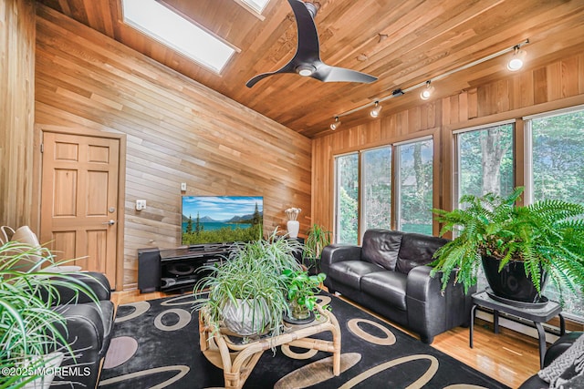 5 Leighton Dr, East Brunswick, NJ 08816 - living room with track lighting, a skylight, wood walls, ceiling fan, and wooden ceiling