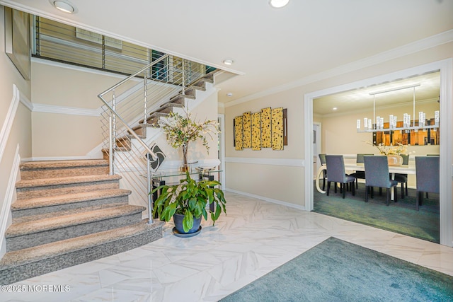 5 Leighton Dr, East Brunswick, NJ 08816 - stairway with recessed lighting, ornamental molding, and baseboards