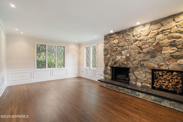 245 Borden Rd, Middletown, NJ 07748 - unfurnished living room featuring crown molding, a fireplace, dark wood finished floors, wainscoting, and recessed lighting