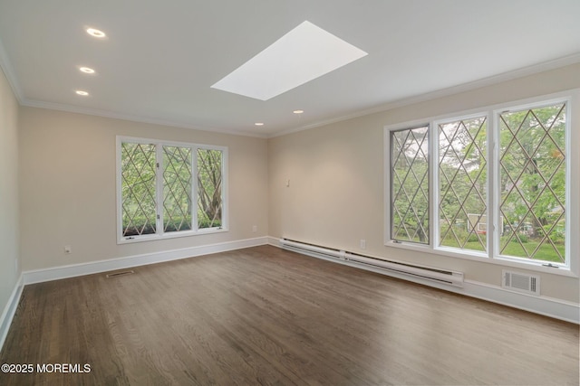 245 Borden Rd, Middletown, NJ 07748 - empty room with a baseboard radiator, a skylight, crown molding, healthy amount of natural light, and dark wood-style floors