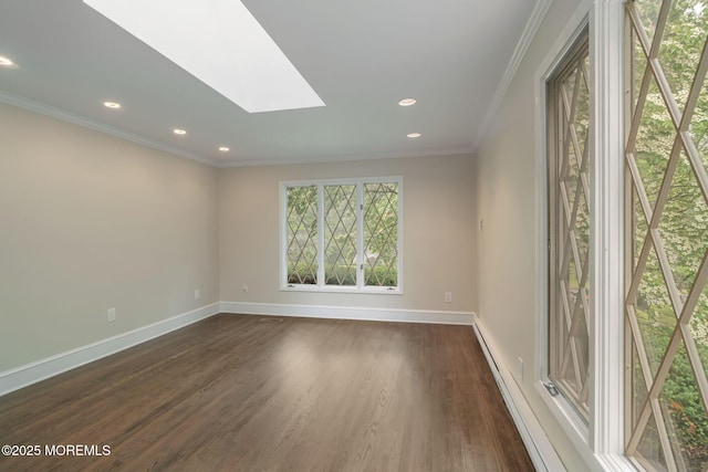 245 Borden Rd, Middletown, NJ 07748 - unfurnished room with dark wood-type flooring, baseboards, crown molding, a skylight, and recessed lighting