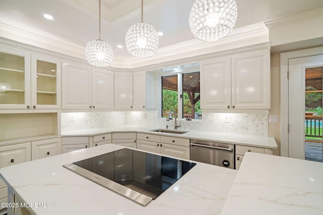 245 Borden Rd, Middletown, NJ 07748 - kitchen featuring stainless steel dishwasher, black electric stovetop, a sink, a chandelier, and ornamental molding