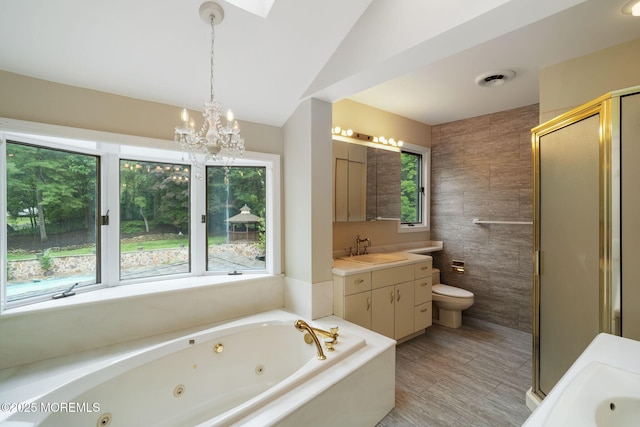 245 Borden Rd, Middletown, NJ 07748 - bathroom featuring a chandelier, a shower stall, toilet, a jetted tub, and vanity