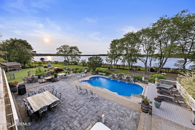 1413 Gully Rd, Wall, NJ 07719 - swimming pool featuring a patio area, outdoor dining space, a water view, and a yard