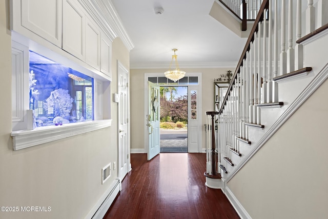 1413 Gully Rd, Wall, NJ 07719 - foyer entrance featuring baseboards, dark wood-style floors, stairway, ornamental molding, and a chandelier