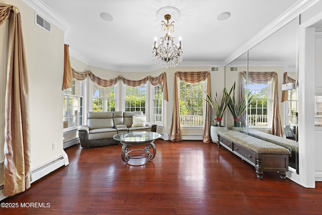 1413 Gully Rd, Wall, NJ 07719 - living area with a chandelier, wood finished floors, ornamental molding, and a baseboard heating unit