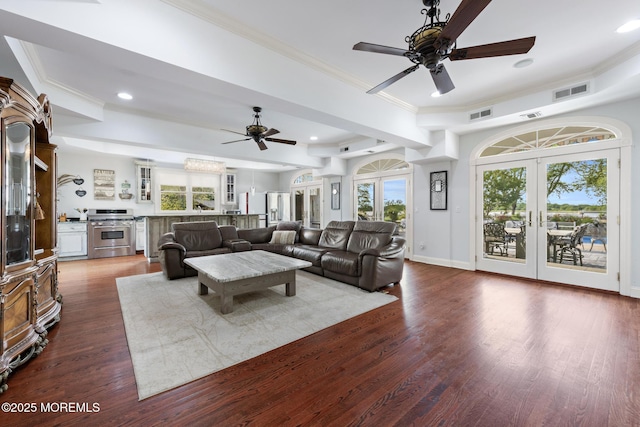 1413 Gully Rd, Wall, NJ 07719 - living area featuring ceiling fan, ornamental molding, recessed lighting, dark wood-style flooring, and french doors