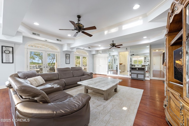 1413 Gully Rd, Wall, NJ 07719 - living room featuring a ceiling fan, ornamental molding, recessed lighting, and dark wood-style floors