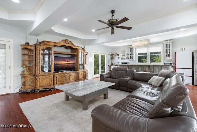 1413 Gully Rd, Wall, NJ 07719 - living area featuring a raised ceiling, wood finished floors, ceiling fan, recessed lighting, and ornamental molding