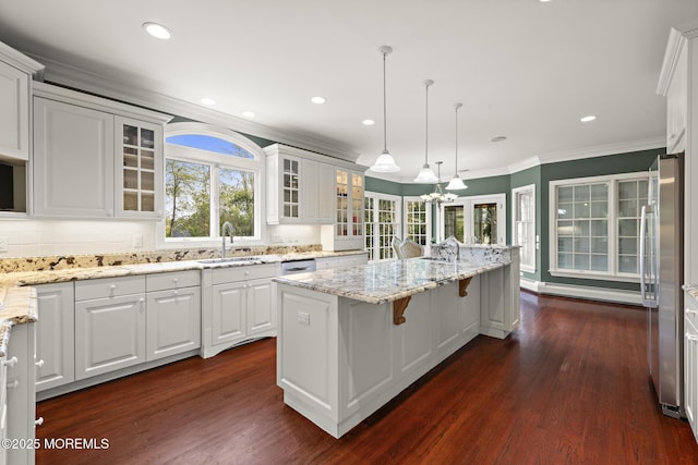 1413 Gully Rd, Wall, NJ 07719 - kitchen with a sink, dark wood-style floors, white cabinetry, crown molding, and recessed lighting