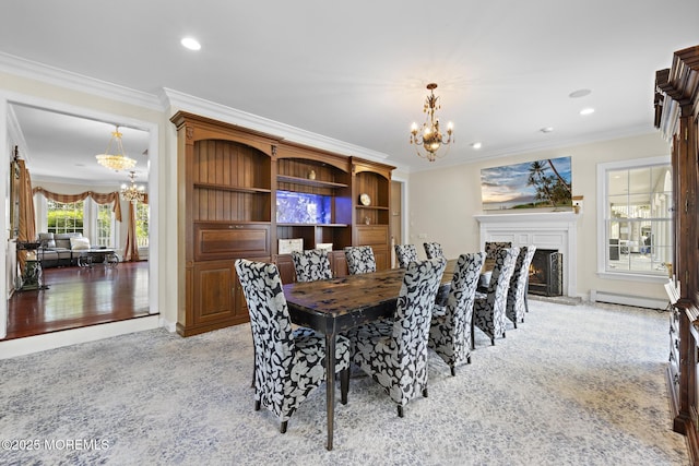 1413 Gully Rd, Wall, NJ 07719 - dining area with a chandelier, crown molding, light colored carpet, a baseboard radiator, and a lit fireplace