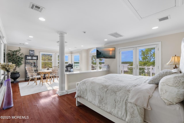 1413 Gully Rd, Wall, NJ 07719 - bedroom with decorative columns, access to outside, ornamental molding, dark wood-style floors, and baseboards