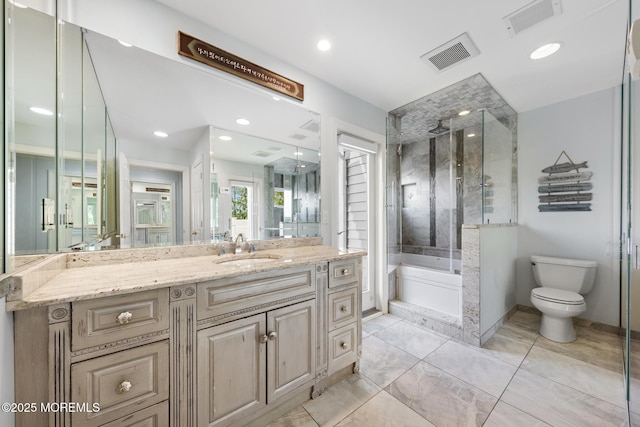1413 Gully Rd, Wall, NJ 07719 - bathroom featuring a bath, toilet, vanity, an enclosed shower, and recessed lighting