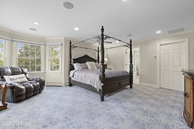 1413 Gully Rd, Wall, NJ 07719 - bedroom with carpet floors, ornamental molding, recessed lighting, baseboards, and a baseboard heating unit