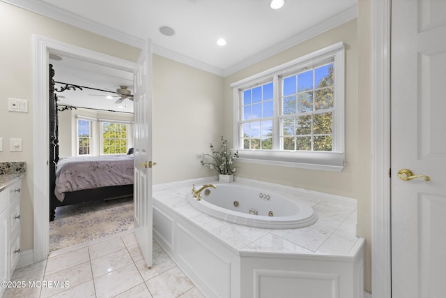 1413 Gully Rd, Wall, NJ 07719 - ensuite bathroom featuring a tub with jets, vanity, ornamental molding, recessed lighting, and tile patterned flooring