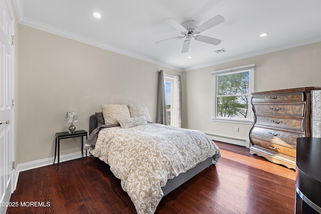 1413 Gully Rd, Wall, NJ 07719 - bedroom with a baseboard radiator, wood finished floors, recessed lighting, crown molding, and baseboards
