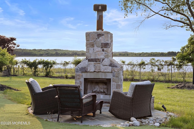 1413 Gully Rd, Wall, NJ 07719 - view of patio with an outdoor stone fireplace and a water view
