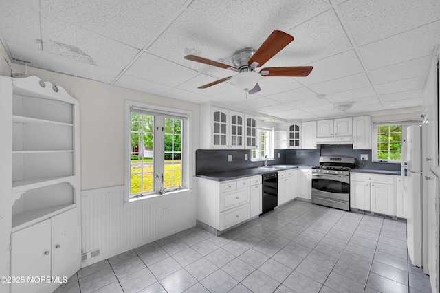 105 Cedar Grove Rd, Toms River, NJ 08753 - kitchen featuring stainless steel range with gas cooktop, a paneled ceiling, dishwasher, ceiling fan, and under cabinet range hood