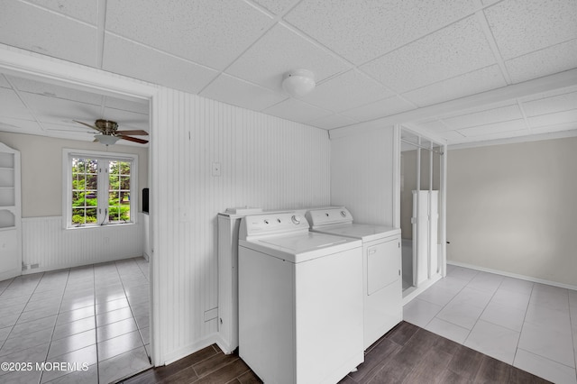 105 Cedar Grove Rd, Toms River, NJ 08753 - laundry room with washer and dryer, dark wood-style floors, and a ceiling fan