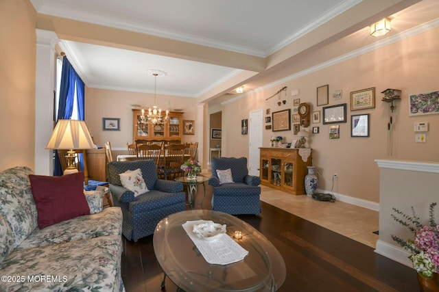 21 Blyth Ln, Jackson, NJ 08527 - living room featuring wood finished floors, a chandelier, ornamental molding, and baseboards