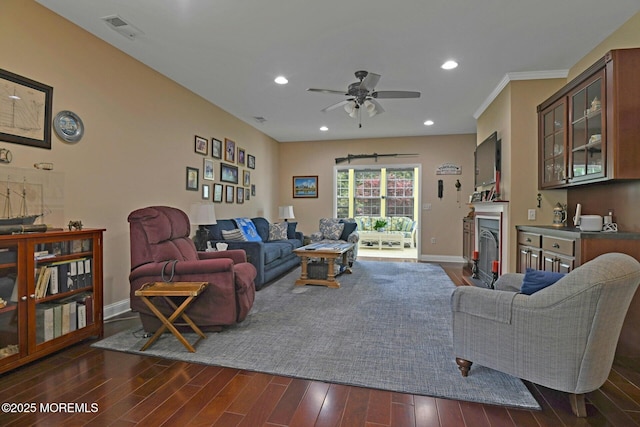 21 Blyth Ln, Jackson, NJ 08527 - living area featuring dark wood-type flooring, bar area, ceiling fan, baseboards, and recessed lighting