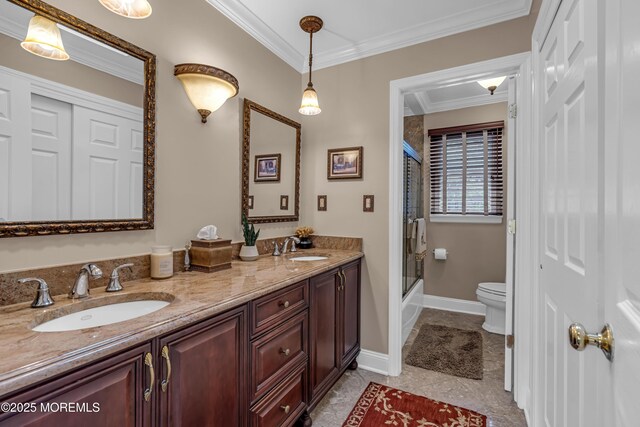 10 Cheryl Ln, Millstone, NJ 08510 - full bath featuring double vanity, crown molding, and shower / bath combination with glass door