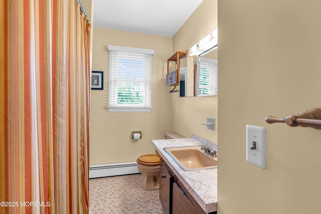 136 Iron Ore Rd, Manalapan, NJ 07726 - full bathroom featuring a baseboard heating unit, vanity, tile patterned floors, and a shower with curtain