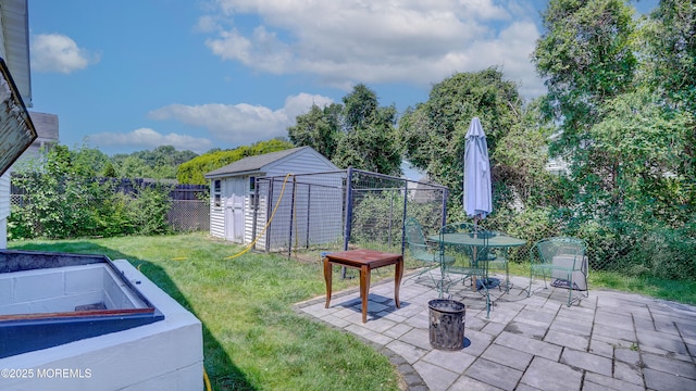 21 Parkview Way, Manalapan, NJ 07726 - fenced backyard featuring an outdoor fire pit, a patio, and a storage unit