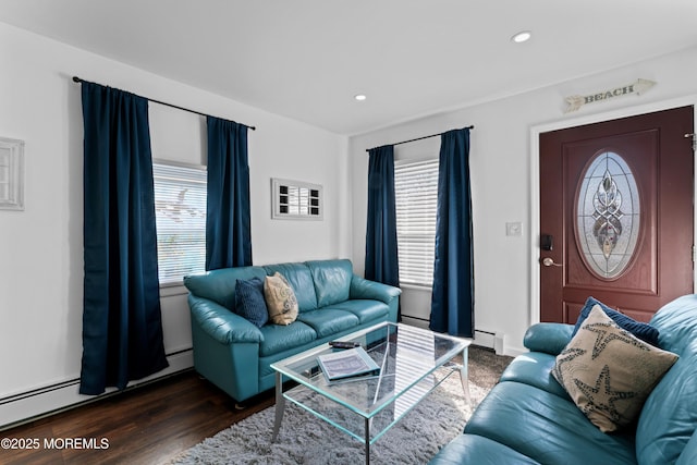 20 Highland Ave, Keansburg, NJ 07734 - living room featuring plenty of natural light, baseboard heating, wood finished floors, and recessed lighting