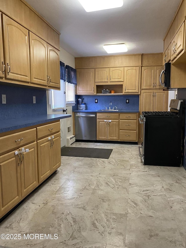 184 Washington Ave, Matawan, NJ 07747 - kitchen featuring stainless steel appliances, dark countertops, open shelves, light brown cabinets, and baseboard heating