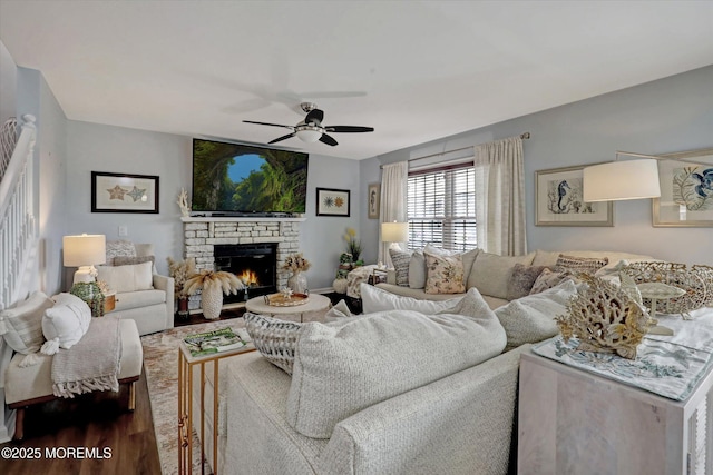 728 Drum Point Rd, Brick, NJ 08723 - living area featuring a ceiling fan, wood finished floors, and a warm lit fireplace