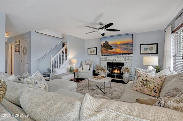 728 Drum Point Rd, Brick, NJ 08723 - living area featuring stairs, ceiling fan, a stone fireplace, and wood finished floors