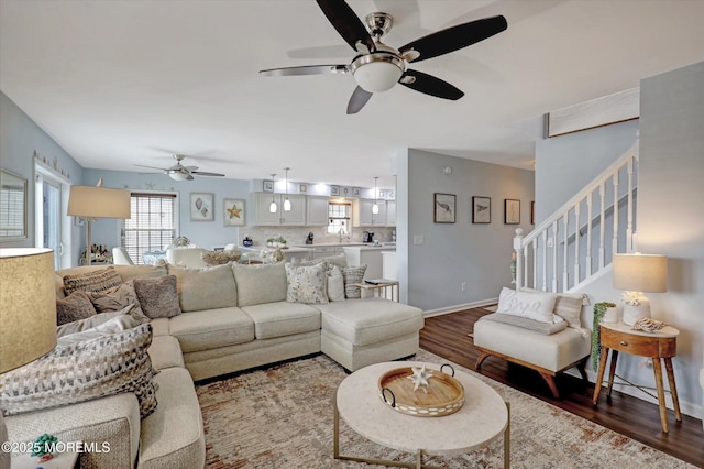 728 Drum Point Rd, Brick, NJ 08723 - living area featuring ceiling fan, wood finished floors, and stairs