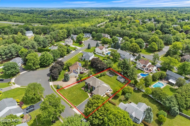 14 Tuscan Dr, Freehold, NJ 07728 - aerial perspective of suburban area featuring a forest and property parcel outlined