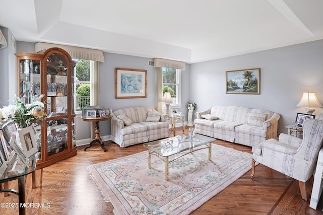 14 Tuscan Dr, Freehold, NJ 07728 - living room featuring plenty of natural light, a raised ceiling, wood finished floors, and baseboards
