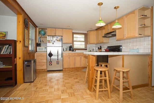 1801 Serpentine Dr, Forked River, NJ 08731 - kitchen featuring freestanding refrigerator, open shelves, light brown cabinets, and white microwave
