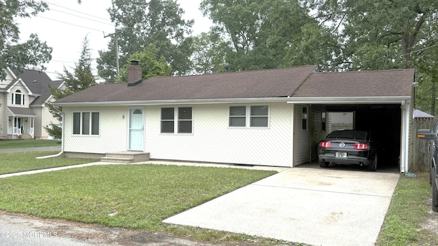 1801 Serpentine Dr, Forked River, NJ 08731 - ranch-style house featuring concrete driveway, an attached carport, a front lawn, a chimney, and a shingled roof