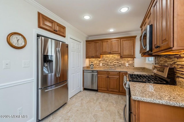 30 Corrigan Ave, Pine Beach, NJ 08741 - kitchen featuring stainless steel appliances, brown cabinets, ornamental molding, decorative backsplash, and light stone countertops