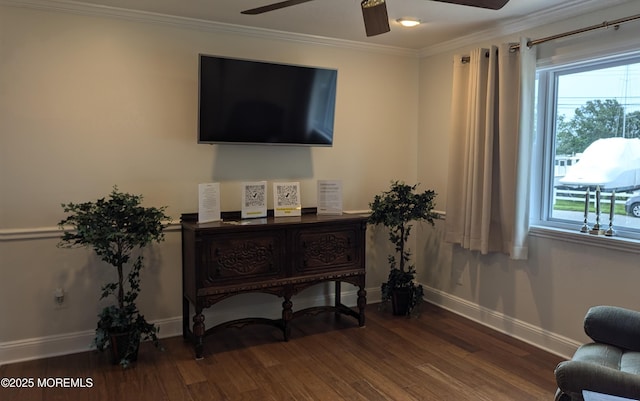 30 Corrigan Ave, Pine Beach, NJ 08741 - living area with ceiling fan, wood finished floors, and crown molding