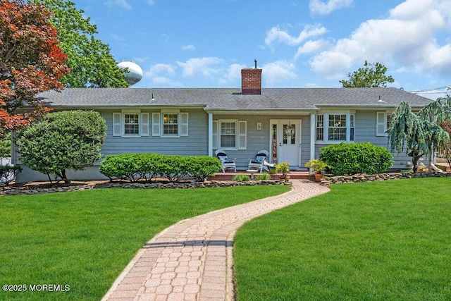 708 Schoolhouse Rd, Brielle, NJ 08730 - ranch-style home featuring a chimney, a front yard, a shingled roof, and a porch